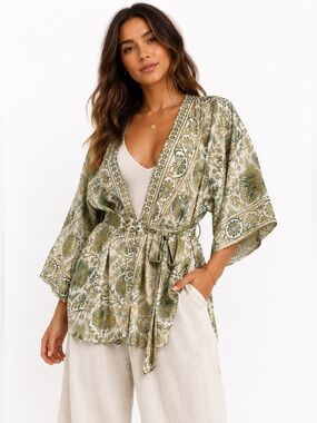 KARMA‎ NEPAL Silk Blend Short Kimono Wrap Jacket Festival Green Gold Foil Print